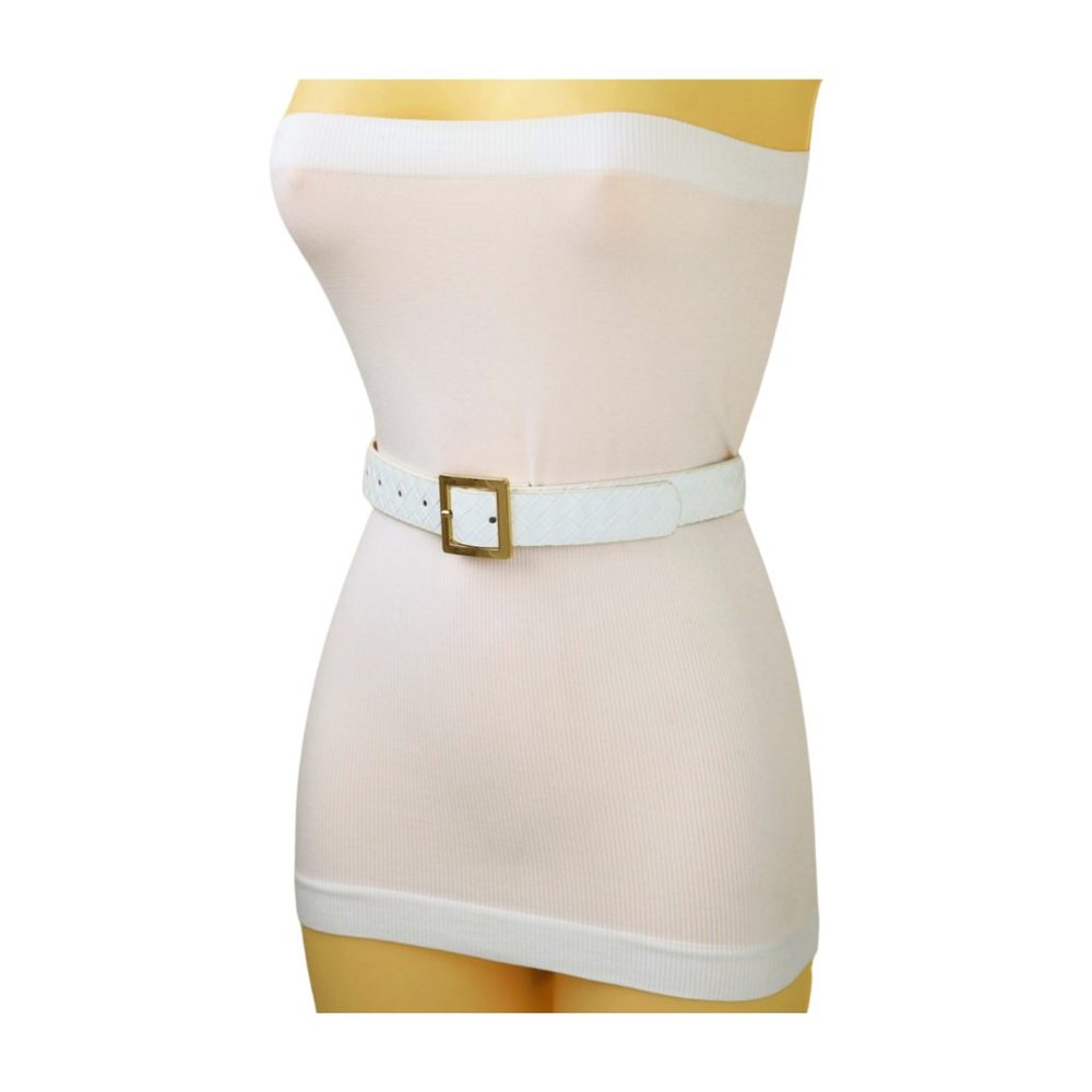 New Women White Basket Weave Belt Gold Square Buckle S M Classic Style z001